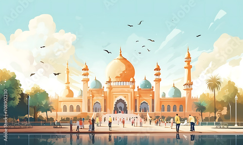 People walking to a mosque on Eid al Fitr, in the morning flat images, high detail AI Image generative