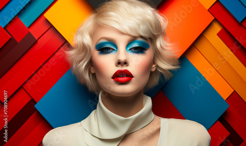 Bold fashion portrait of a platinum blonde model with striking blue eyeshadow and red lips, set against a geometric background of vibrant colors