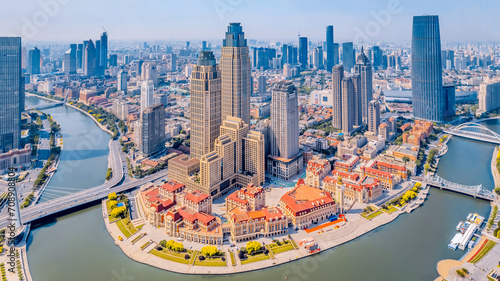 Aerial photography of the skyline of Haihe and Jinwan Plaza CBD in Tianjin, China