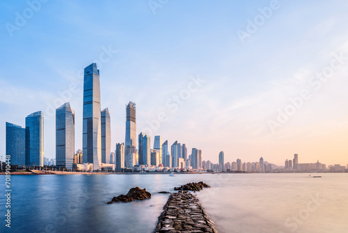 Morning Scenery of the Fushan Bay Coastal Architecture Complex in Qingdao, Shandong, China