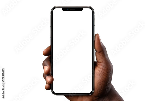 A mobile phone in the hand of an African American man, cut out
