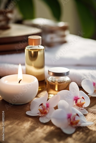 Spa or massage center table top objects - aroma oil in the bottle, candles, towels and decorative flowers.