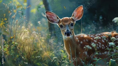  a close up of a deer in a field of grass and flowers with a blurry background of trees and grass and flowers, with a blurry foreground.