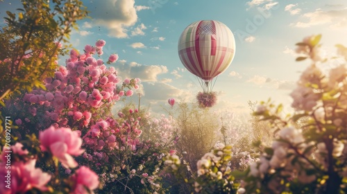  a hot air balloon flying over a lush green field filled with pink and white flowers under a blue sky with puffy clouds and pink flowers in the foreground.