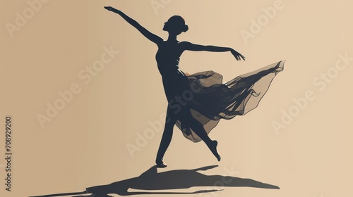  a silhouette of a ballerina in a dress with her arms in the air and her leg in the air with her right hand out and her left leg in the air.