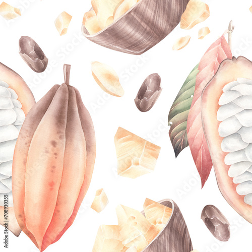 Watercolor p[attern with cacao beans isolated on white background. Seamless pattern with cocoa-fruits.