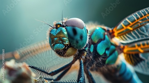  a close up of a blue dragonfly sitting on top of a piece of wood with it's eyes closed and head tilted to the side of the dragonfly.