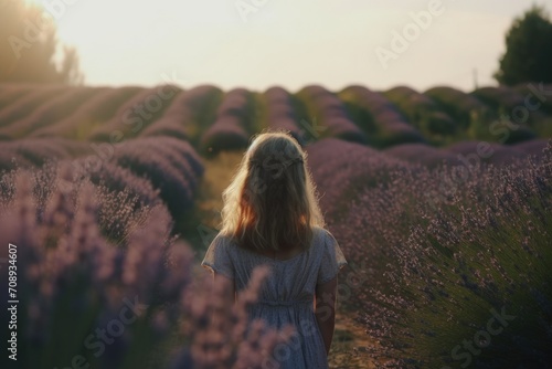 Rear view of girl standing in lavender fields, travel to Provence in summer, girl traveling in lavender fields in southern France, faceless travel footage