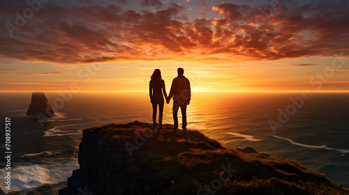Man and Woman stand on the edge of a cliff looking out at the sun setting in the sky over the ocean
