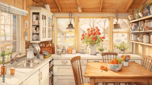 Cottagepunk-inspired watercolor painting featuring a quaint kitchen adorned with maple syrup Generative AI