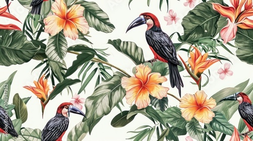  a group of birds sitting on top of a lush green leaf covered tree next to orange and pink flowers on a white wallpaper covered with tropical leaves and flowers.