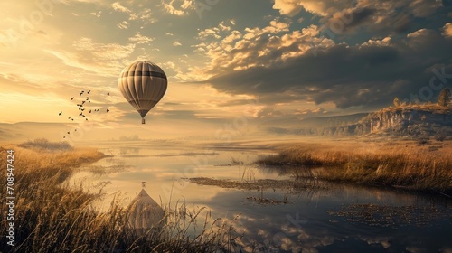  a hot air balloon flying over a body of water in the middle of a dry grass field with birds flying over the water and a mountain range in the background.