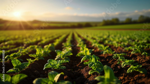 agriculture field with crops at sunrise, symbolizing growth