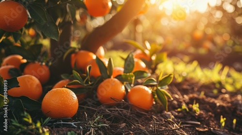  a bunch of oranges sitting on the ground in a field with the sun shining through the trees and the ground is littered with mulchs of grass and leaves.