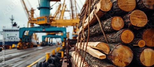 Shipping timber in and out of Wicklow commercial port in Ireland for the transport industry. Close-up of wood logs being loaded onto a cargo ship.