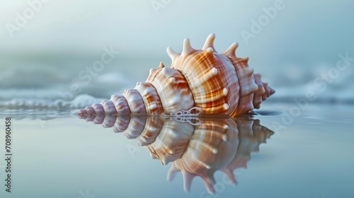  a close up of a sea shell on a body of water with a reflection of it on the surface of the water and in the background is a blue sky.