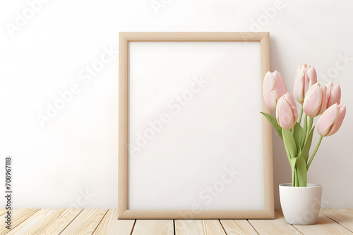 One wooden empty picture frame next to tulip spring flowers in vase in front of white wall. Poster mockup