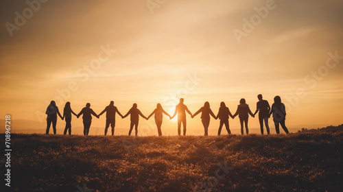 groupe de personnes se donnant la main formant une chaine de solidarité face au soleil à contre-jour