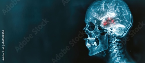 Gunshot wound with traumatic brain injury shown as metallic foreign body in skull x-ray.