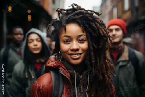 Zdjęcie grupy młodych ludzi na ulicy, gdzie centralnym punktem jest uśmiechnięta dziewczyna, oddająca atmosferę radości i przyjacielskiego spotkania.