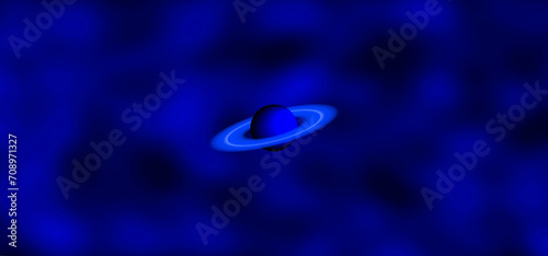 Vector 3D planet in the style of Saturn with rings on a background of a dark blue nebula. Starry cosmic dusty haze. Wide astronomical banner.