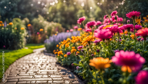 Nahaufnahme eines schönen Gartens voller bunter Blumen und Blüten an einem sonnigen Tag im Frühling oder Sommer nach einem Regen mit strahlendem Sonnenschein, Gärtnern, Park, gestalten