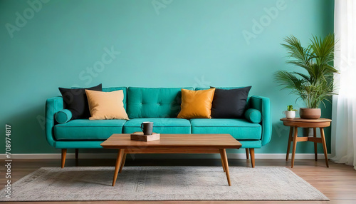 Wooden coffee table near turquoise sofa against wall with frame. Mid-century, retro, vintage style home interior design of modern living room