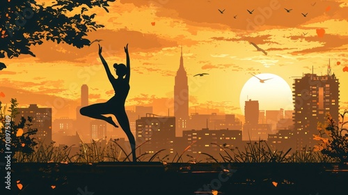  a silhouette of a woman doing yoga in front of a cityscape with birds flying in the sky and birds flying in the air in front of the city.