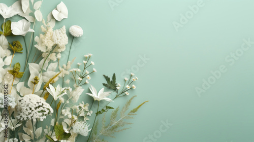Stylish and elegant floral arrangement with various white blooms and greenery on a soft pastel blue background.