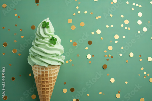  Green ice cream cone decorated with a four leaf clover isolated on a green background with gold round confetti . Concept - St. Patrick's Day