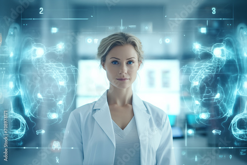 Portrait of female experienced doctor in operation room, against the backdrop of a white office and x-ray pictures. Generative AI