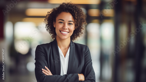 a black woman in a business suit smiling blur office background