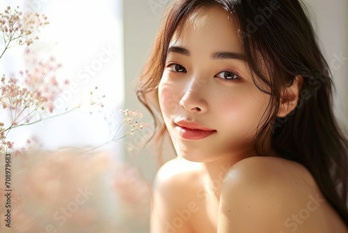 リラックスしているアジア人女性の美容イメージ（スキンケア・ボディケア・エステサロン）, Generative AI