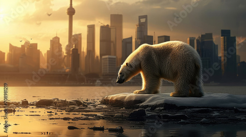 A polar bear is standing on a piece of ice surrounded by water. This powerful image is perfect for environmental, climate change or wildlife conservation concepts.