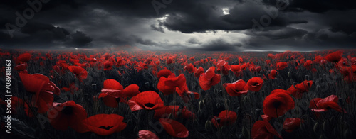 A poignant field of red poppies stands bold against a brooding sky, symbolizing remembrance and the resilience of life amidst somber reflections