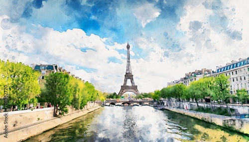 beautiful digital watercolor painting of the eiffel tower in paris france in spring