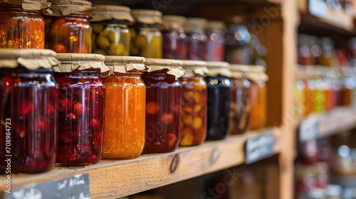 Assorted preserved fruits in jars on wooden shelf.