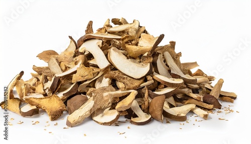 edible dried mushrooms pile on white background isolated close up heap of dry boletus edulis chopped brown cap boletus sliced penny bun pieces of cep porcino or porcini cutted white fungus