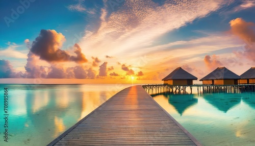 amazing beach landscape beautiful maldives sunset seascape view horizon colorful sea sky clouds over water villa pier pathway tranquil island lagoon tourism travel background exotic vacation