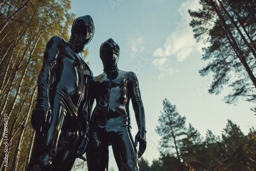 Young couple of gay men in latex suit in forest