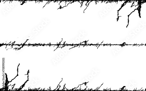 a black and white vector of a wire fence tree with branches, grunge effect, barrier borders spiky wire edging fence obstacle restriction forces