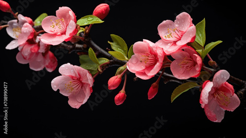 Close-up of pink cherry blossoms with water droplets on a dark backdrop, highlighting their vibrant color and freshness.