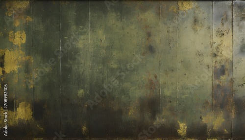rusty weathered and dirty metal panel painted with khaki green chipping paint flat empty textured surface for dystopian cyber punk army wallpaper background