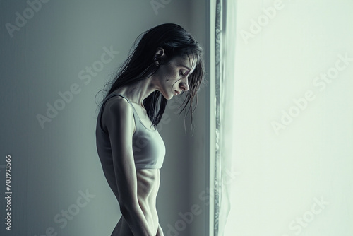 Woman with an eating disorder, anorexia nervosa, in front of a window