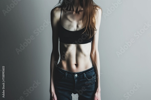 Woman with an eating disorder, anorexia nervosa, in front of a blank wall