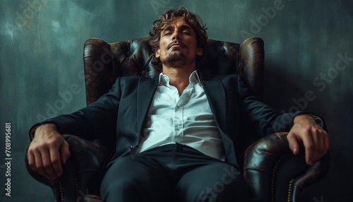 handsome and successful man sits in a luxury leather armchair and relax
