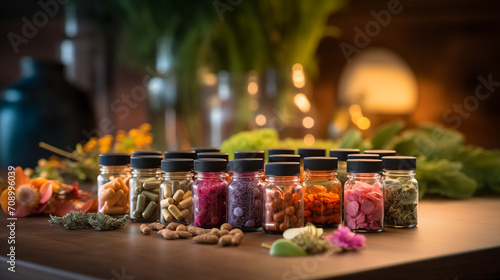 A vibrant display of herbal supplements, nuts and vitamins in the bottle