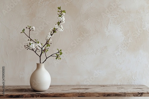 A simple vase with a branch on a wooden table. Simple yet elegant decoration.