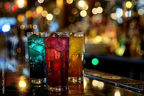 Various colorful long drinks sitting on a bar table, ice and great tasting beverage in a cozy bar.