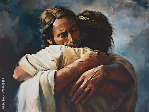 Jesus Christ hugging and comforting a man, oil painting